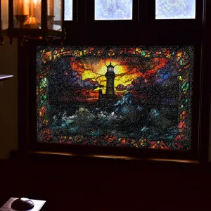 3D Glasdekorfolie mit Leuchtturm und Meereswellen Motiv für Fensterdekoration und Sichtschutz.