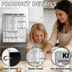 Kitchen conversion chart magnet with detailed cooking measurement guides and pre-drilled holes.