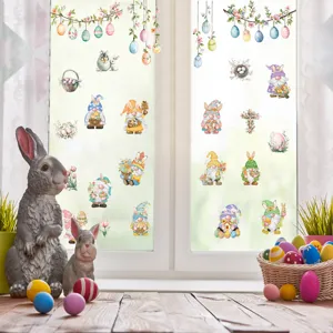 Easter window stickers with cute gnomes and colorful eggs, perfect for holiday home decor.