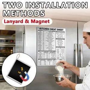 Kitchen conversion chart magnet, metal cheat sheet with double installation methods.