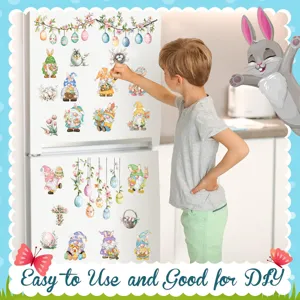 Easter bunny egg window stickers, cute gnome decals for home holiday glass and fridge decor.