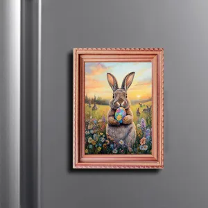 Easter bunny fridge magnet close up detail showing cute wooden photo frame with painted egg design.