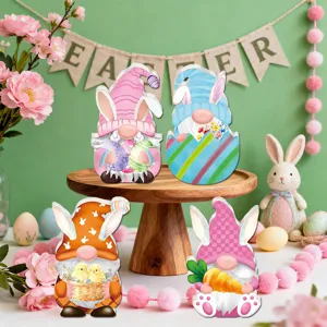 Paasen dwerg houten tafeldecoratie set, schattige konijntjes ornamenten voor lentefeest thuis.