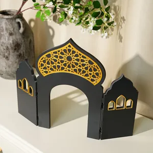 Ornement de table en bois arche Ramadan islamique, détail de décoration d'intérieur fête noir or.