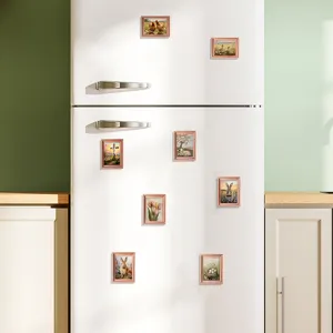 Easter magnetic wooden photo frame fridge stickers, vintage holiday decor, 8 pcs set.