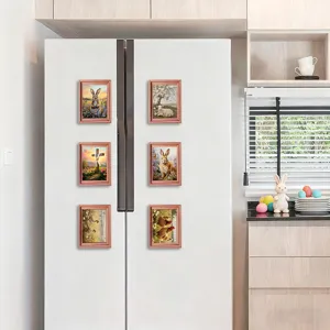 Easter magnetic wooden photo frame fridge magnets set, cute holiday decor rabbit eggs.