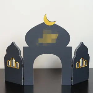 Mosque style desktop ornament table decoration with crescent moon and gold window details.