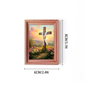 Mini wooden picture frame with cross and flower art, perfect for Easter home decor and fridge.