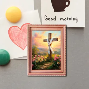 Wooden magnetic photo frame fridge magnet featuring Easter cross and floral landscape art.