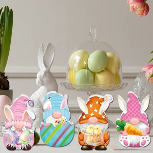 Gedetailleerd overzicht paasgnome en konijn tafeldecoratie, feestelijk lente ornament.