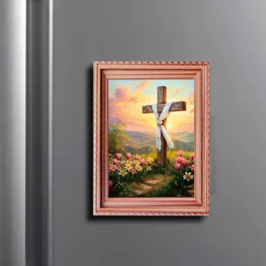 Easter wooden photo frame refrigerator magnet detail view featuring a cross art print.