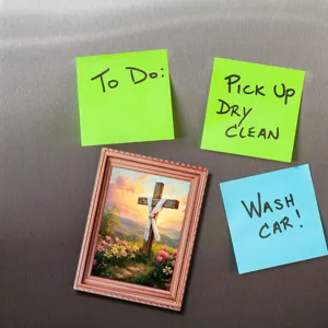 Decorative photo frame fridge magnet with cross and floral landscape design for home kitchen.