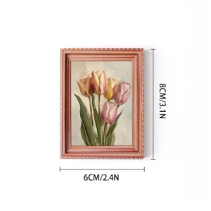Vintage wooden photo frame fridge magnet with tulip painting decoration for home decor