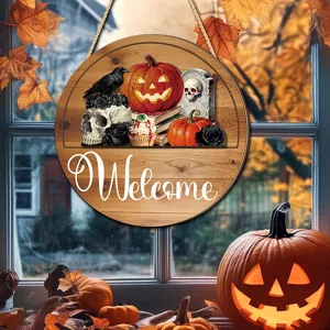 Ξύλινη Κρεμαστή Επιγραφή Halloween Φθινόπωρο Κολοκύθα Καλωσόρισμα Διακόσμηση Πόρτας