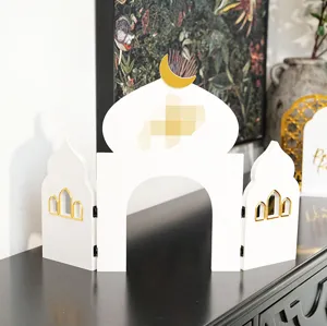 Eid Mubarak wooden mosque decoration desktop ornament for Islamic festival party home decor.