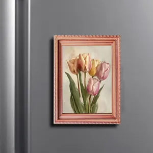 Vintage tulip oil painting wooden frame fridge magnet for home kitchen decoration and magnetic memo.