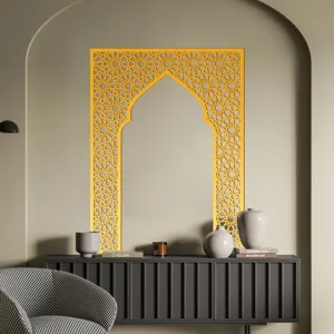 Gold acrylic Islamic Mihrab wall sticker, geometric pattern arched mirror decor for home.