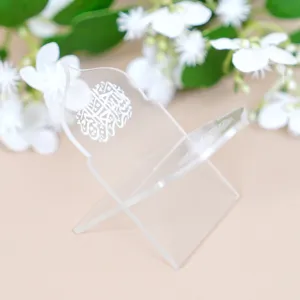 Clear acrylic Islamic book stand date holder decorative tabletop display detail view.