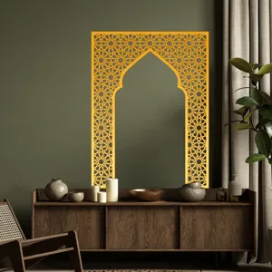 Golden acrylic mirror wall sticker with Islamic geometric arch design for home interior decor.