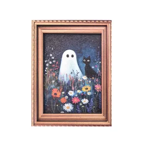Aimant de réfrigérateur cadre photo vintage Halloween avec motif de fantôme et chat noir.