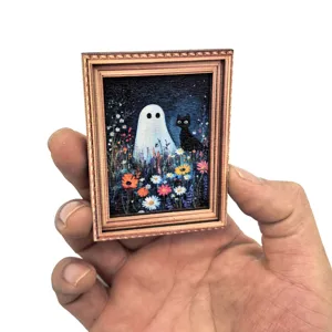 Cadre photo vintage Halloween aimant de réfrigérateur, joli fantôme chat noir décoration bois.