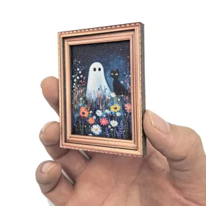 Miniature cadre photo vintage en bois aimant de frigo avec motif fantôme et chat mignon.