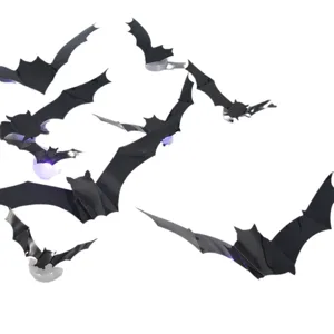 Halloween 3D black bat wall stickers with LED lights, perfect for spooky party home decor.