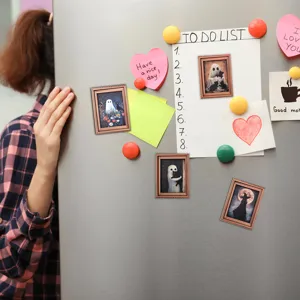 Vue détaillée de magnets de réfrigérateur vintage Halloween avec un art de fantôme.