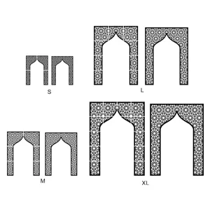 Islamic geometric arch wall sticker detail showing various sizes S M L XL for elegant home decor.