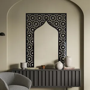 Detailed scene of Middle Eastern style arch mirror sticker decor with sleek cabinet.