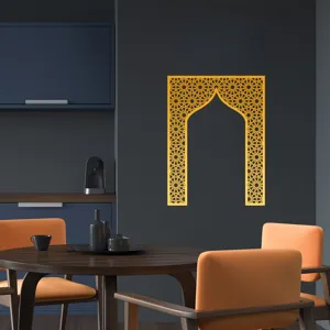 Golden acrylic mirror wall sticker, Islamic Mihrab geometric arch decor for living room.