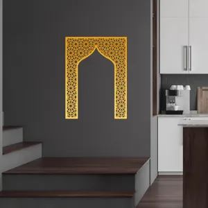 Gold acrylic mirror wall sticker, Islamic Mihrab arch design, modern home interior decor.