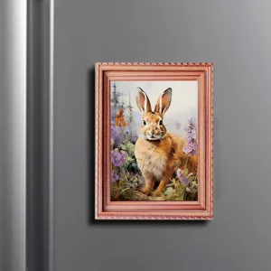 Detailed view of Easter rabbit wooden fridge magnet, cute animal photo frame decor for home.