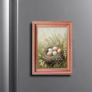 Easter wooden photo frame fridge magnet with cute egg nest picture for spring holiday decor.