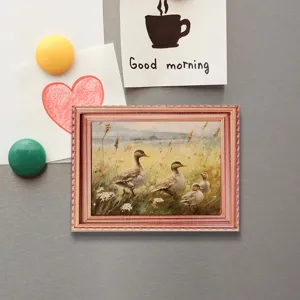 Wooden magnetic photo frame fridge sticker, vintage duck painting home decor refrigerator magnet.