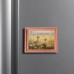 Decorative wooden frame magnetic fridge sticker detail showing vintage duck oil painting artwork.