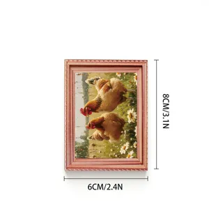 Wooden photo frame fridge magnet detail showing the rustic rooster and daisy oil painting design.