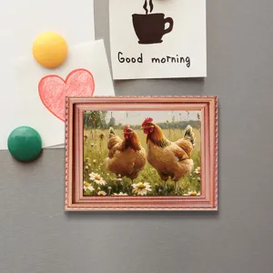 Wooden photo frame fridge magnet with cute chicken design, perfect for home kitchen decor.