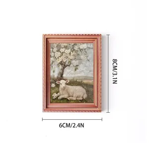 Mini wooden picture frame fridge magnet featuring cute pastoral lamb oil painting decor detail.