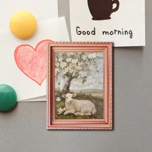 Wooden magnetic photo frame fridge magnet with cute lamb oil painting design for home decor