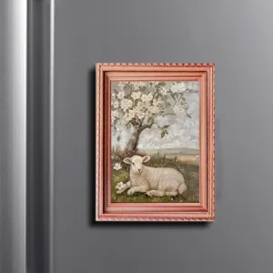 Decorative wooden picture frame fridge magnet with pastoral lamb oil painting design for home decor