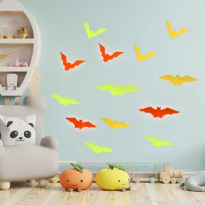 Vue détaillée des autocollants muraux chauve-souris lumineux 3D pour la déco de pièce.