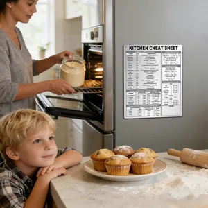 Stainless steel kitchen conversion chart fridge magnet, detail view showing clear measurement data.