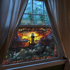 3D Buntglas Fensterfolie Leuchtturm Sonnenuntergang Wellen Dekorative Statische Folie