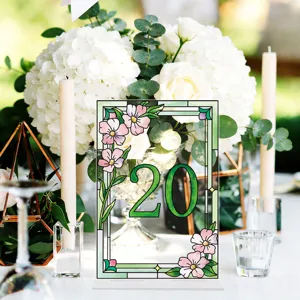 Clear acrylic wedding table number sign 20 with floral stained glass design for party decor