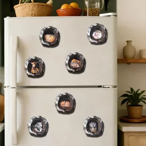 Wooden tree hole animal fridge magnet, cute wildlife refrigerator sticker decor for home.