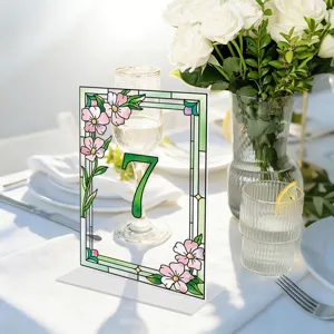 Stained glass style acrylic table number 7 sign for wedding party table decor and reception display.