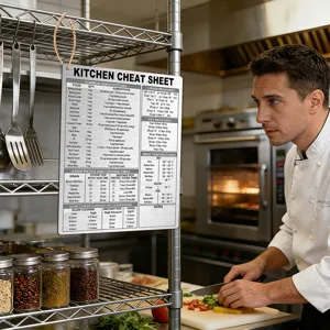 Stainless steel kitchen conversion chart magnet with detailed cooking measurement guides.