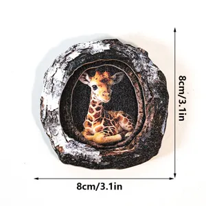 Wooden tree hole giraffe magnetic sticker decor, exquisite round wood slice frame design for home.