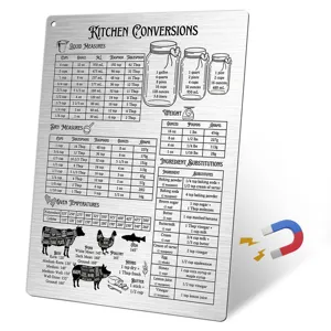 Stainless steel kitchen conversion chart fridge magnet with comprehensive measurement data.